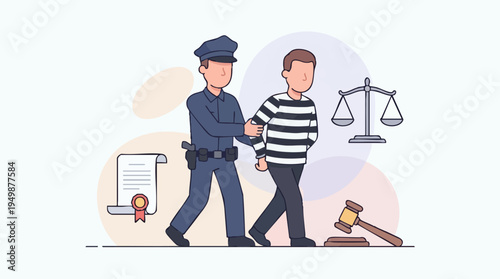 Law enforcement officer arresting suspect in striped shirt with gavel and justice scale in the background for legal and crime concept