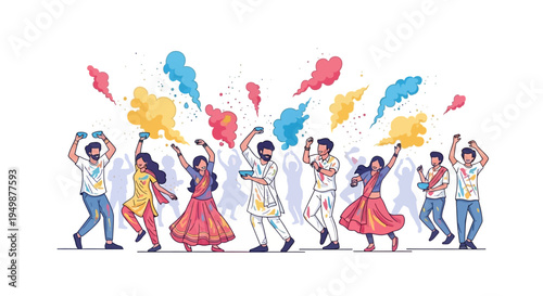 Illustration of a joyful crowd celebrating Holi festival with vibrant color splash and gulal powder in traditional Indian attire on a white background.