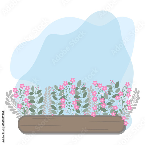 Green Leaves And Pink Flowers Decoration With Blue Abstract Pattern