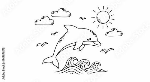Dolphin jumping out of ocean waves under sunny sky with birds flying sea creature swimming freely in air