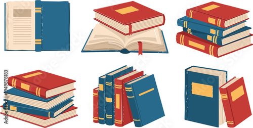 Classic Books and Open Book Stack Collection Cartoon Illustration Featuring Hardcover Textbooks Library Reading Literature and Academic Study Materials