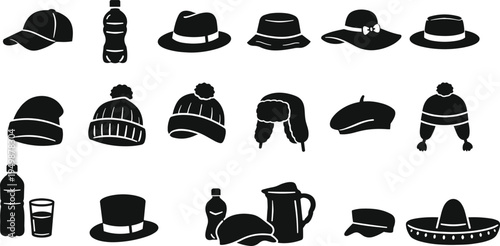 Hat and cap silhouette icon set with baseball cap beanie fedora bucket hat sombrero winter hats and drink bottle vector collection