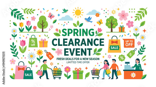 Spring Clearance Event Banner with Floral and Shopping Elements