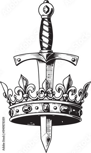 A finely detailed illustrative drawing depicts a medieval-style sword piercing directly through an ornate royal crown symbol.