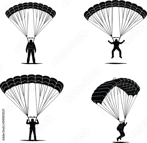 Parachute skydiver silhouette collection showing parachuting and landing positions with open parachute canopy in black vector style isolated on light background for extreme sport design