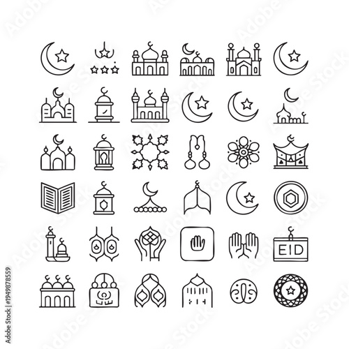 Islamic Cultural Icon Set Representing Eid, Ramadan, and Religious Traditions Vector Illustration