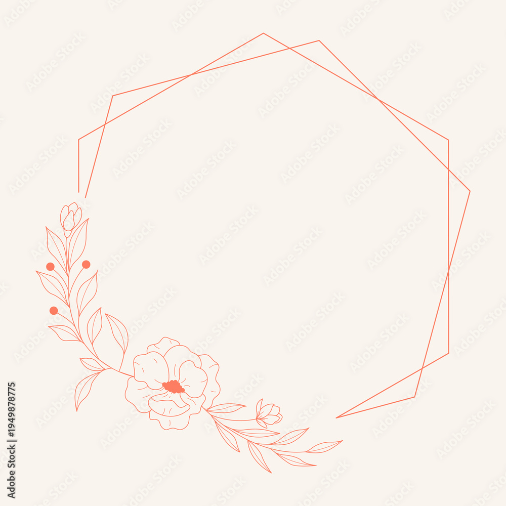Obraz premium Floral polygon hand drawn style. Floral red frame of twigs, leaves and flowers. Frames for Valentine’s Day, wedding decor, logo and identity template.