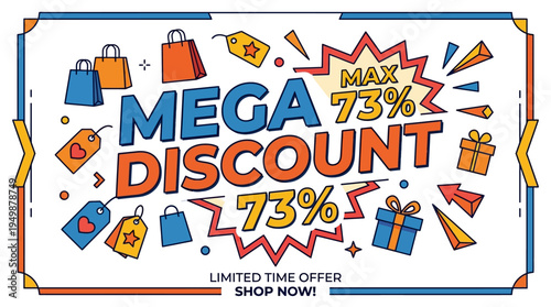 Mega Discount Banner with Gift Boxes and Shopping Bags