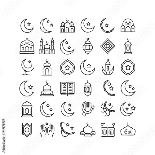 Islamic Cultural Icon Set Representing Ramadan, Eid, and Religious Traditions Vector Illustration