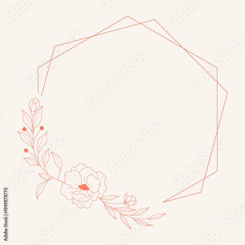 Floral polygon hand drawn style. Floral red frame of twigs, leaves and flowers. Frames for Valentine’s Day, wedding decor, logo and identity template.