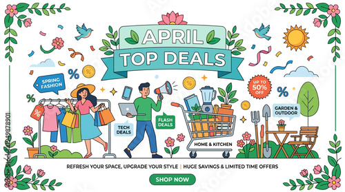 April Top Deals Banner with Shopping and Savings Theme