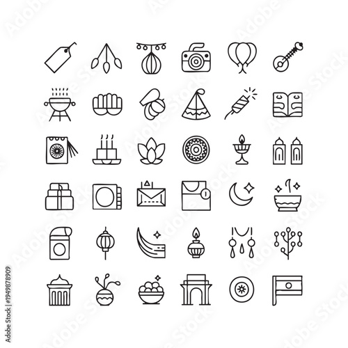 Islamic Cultural Icon Set Representing Ramadan, Eid, and Religious Festivities Vector Illustration