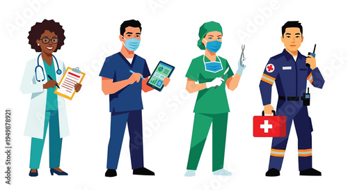 Diverse group of healthcare professionals in colorful illustrated vector style