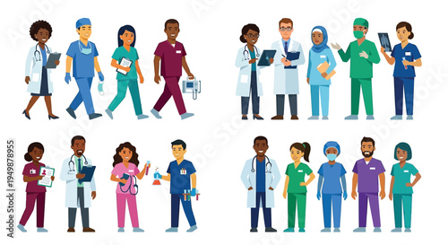 Diverse group of healthcare professionals and medical staff in cartoon style