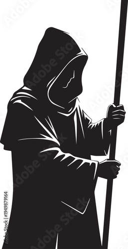 Mysterious hooded figure silhouette vector illustration holding staff magical line art art