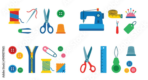 Colorful illustration of various sewing and tailoring tools and accessories