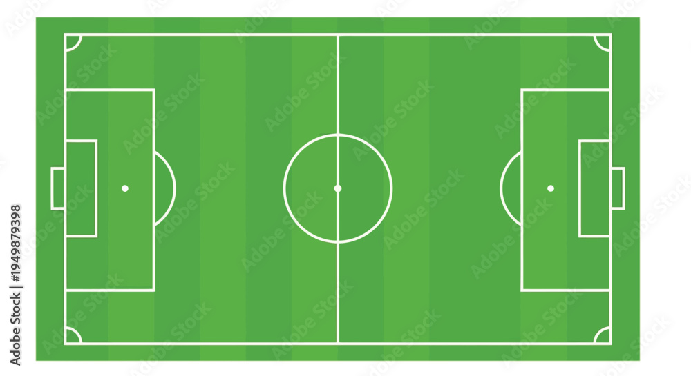Obraz premium Aerial view of a green soccer field with white markings and goal areas