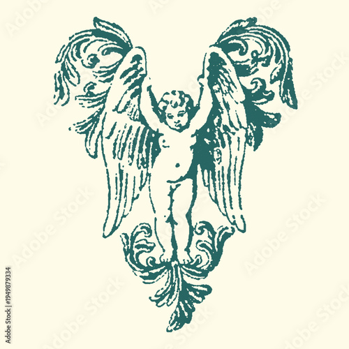 Vintage engraving style vector graphic illustration featuring a cherub with elaborate baroque scrollwork wings and base ornamentation