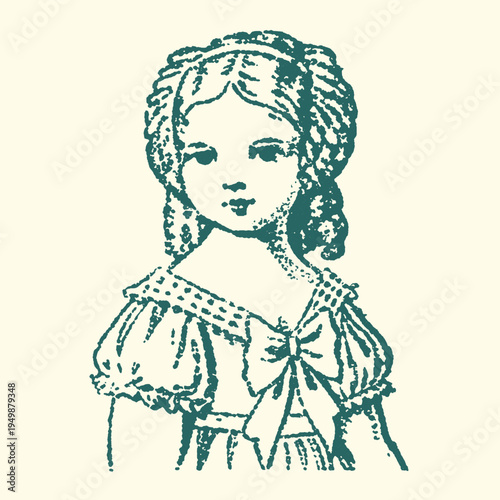Antique style vector illustration portrait of a young girl wearing an elaborate dress with a large bow design