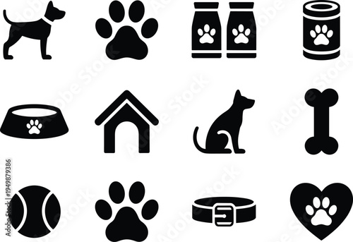 Black and white of dogs, dog food, dog house, dog collar, dog bone, and paw prints