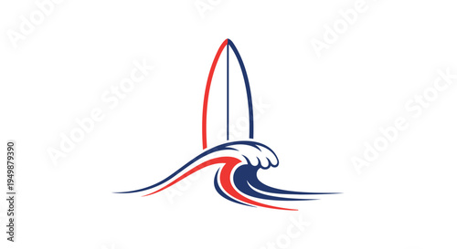 Surfing wave icon vector, red blue surfboard logo