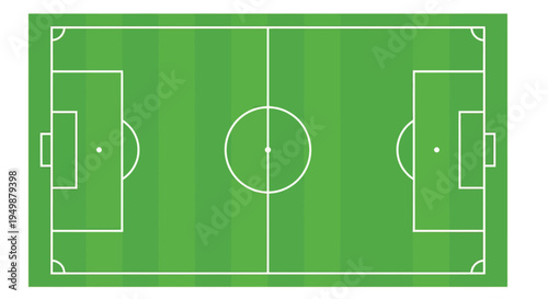 Aerial view of a green soccer field with white markings and goal areas