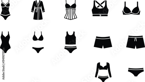Women lingerie underwear and swimwear icon set with bra panties bodysuit corset robe sports bra shorts vector collection for fashion clothing design