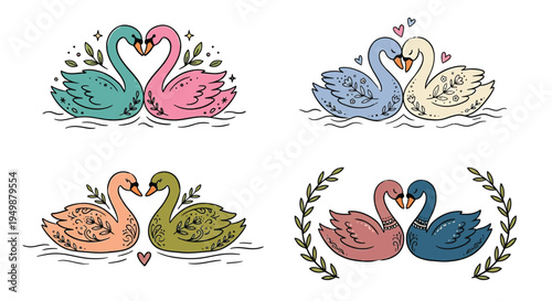 Four pairs of swans forming heart shapes with floral embellishments