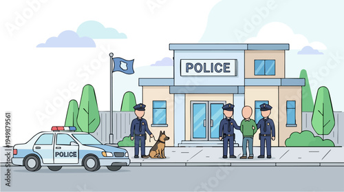 Police Officer and K-9 Unit Standing Outside Police Station in a Community Scene