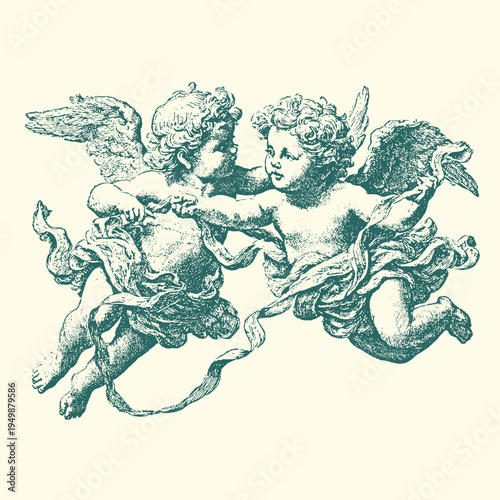 Фотография Vintage teal engraving style vector illustration depicting two cherubs or putti