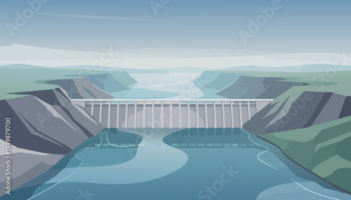 Vector illustration of hydroelectric dam in river canyon with copy space