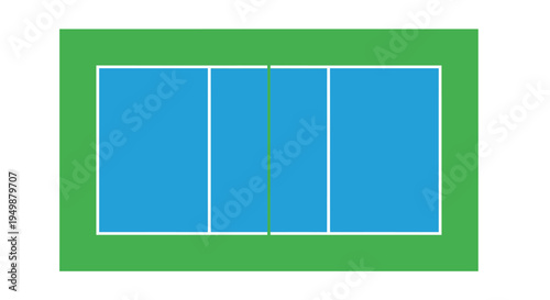 Overhead view of a badminton court with green surroundings