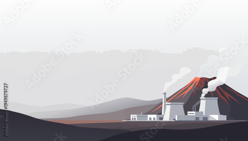 Vector illustration of geothermal power station in volcanic landscape with copy space