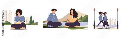 Relaxation and Walking Outdoor Activities Vector Illustration