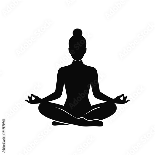A black vector illustration of a woman sitting in a zen lotus pose for meditation and spiritual relaxation, featuring a minimalist yoga silhouette symbol for health and fitness