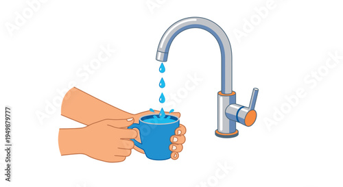 Hands holding a blue cup under a flowing water faucet
