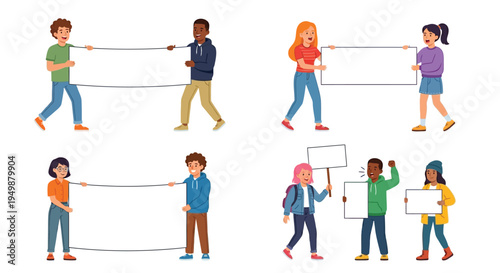 Diverse group of young people holding and pulling blank signs