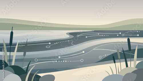 Vector river valley with data flow and open sky