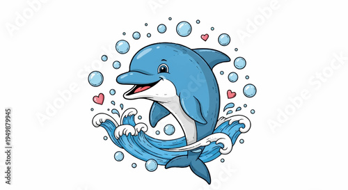 Smiling dolphin jumping out of water with bubbles and hearts around it playful aquatic scene