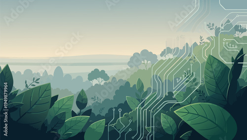 Vector background of bio circuit forest canopy with copy space