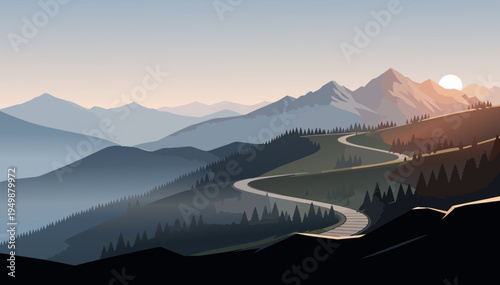Vector mountain sunrise landscape with hiking trail and copy space