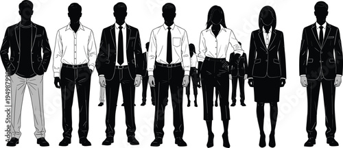 Business team silhouettes collection, professional men and women standing group, corporate staff concept, office leadership characters isolated illustration