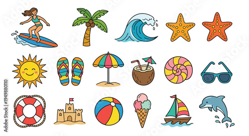 Colorful summer doodles featuring surfing beach items and marine life