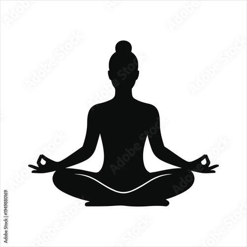 A black vector illustration of a woman sitting in a zen lotus pose for meditation and spiritual relaxation, featuring a minimalist yoga silhouette symbol for health and fitness