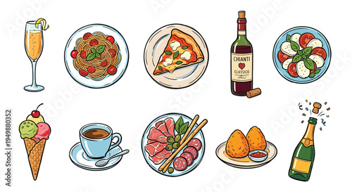 Italian cuisine collection pasta pizza wine and other delicious foods