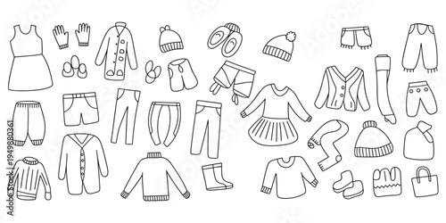 Assorted Hand- Drawn Black and White Winter Clothing and Accessories Collection apparel garments
