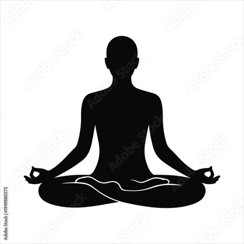 A black vector illustration of a woman sitting in a zen lotus pose for meditation and spiritual relaxation, featuring a minimalist yoga silhouette symbol for health and fitness