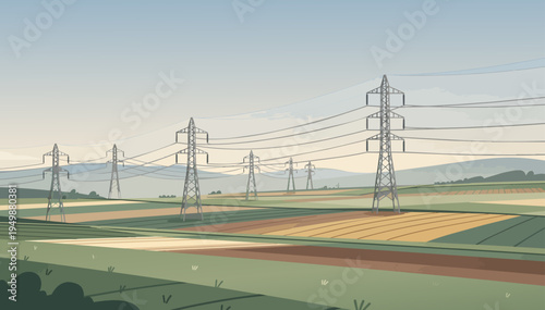 Vector illustration of smart grid power lines over farmland with copy space