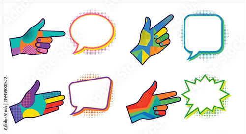 Colorful pop art hands pointing and speech bubbles illustration