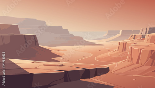 Vector desert canyon vista with hiking route and copy space